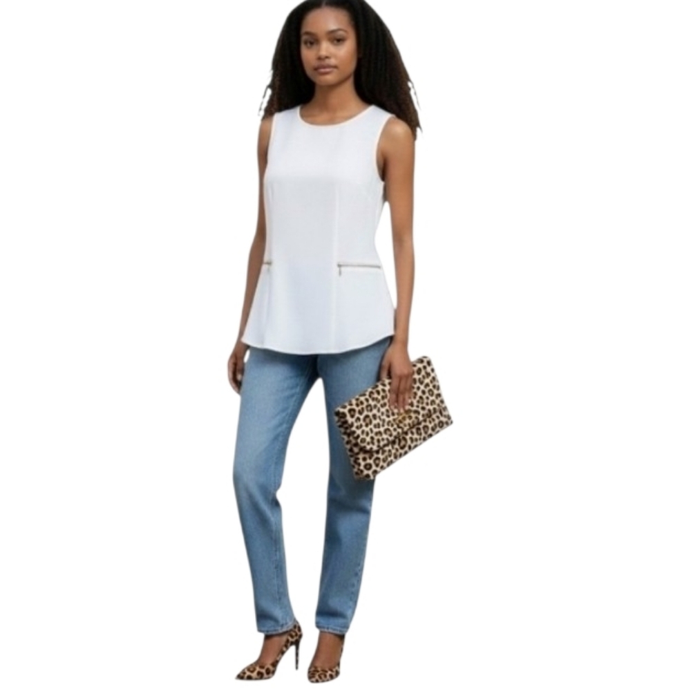 Michael Kors Sleeveless Blouse White With Gold Toned Zippers PTP 20"
